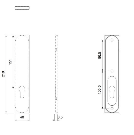 Partie trou GPF plaque arrière longue rectangulaire 218x40x8.5mm sans trou de manivelle PC72