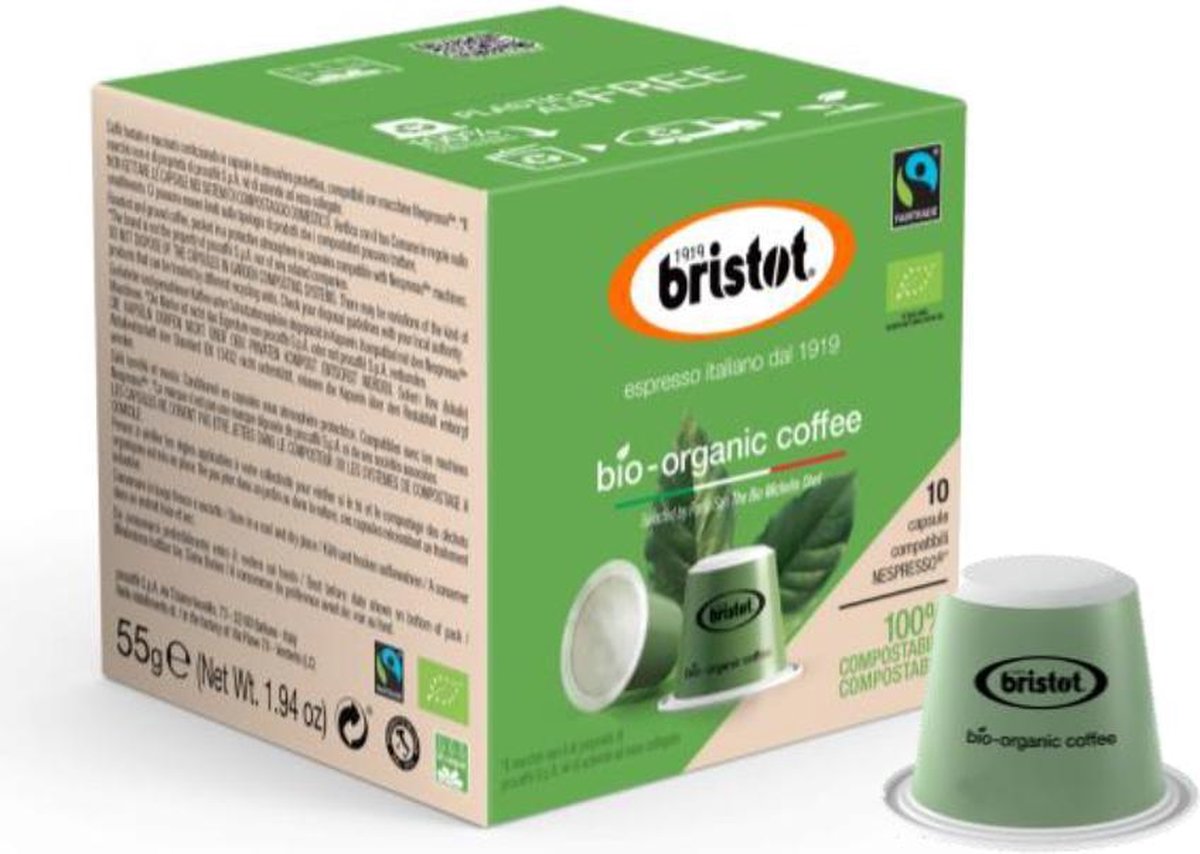 Bristot 100% Biologische Composteerbare Koffie Capsules (Nespesso© Compatible) - 10 x 10 stuks