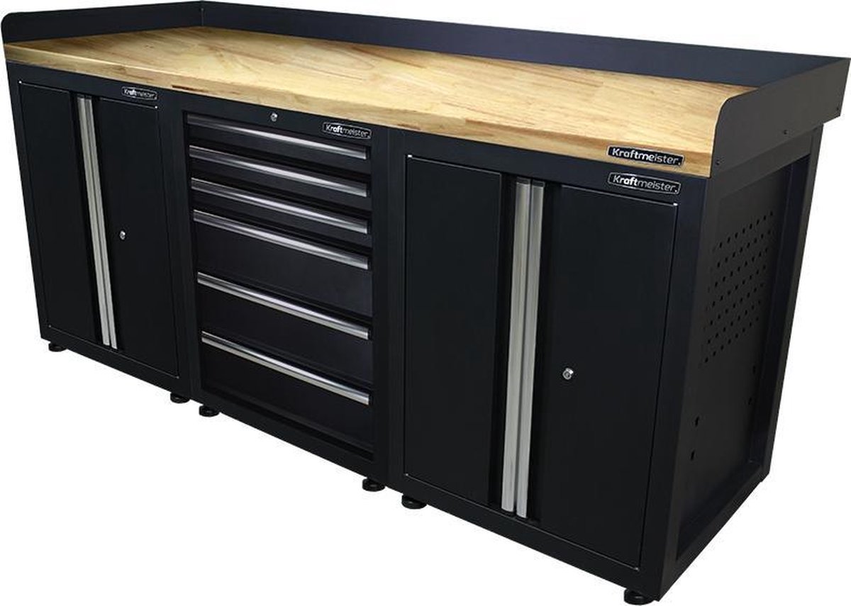 Kraftmeister werkbank 200 cm - Werktafel met 6 laden, 2 opbergkasten en eiken werkblad - Zwart