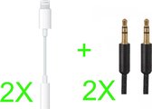 2 stuks Aux 3.5 mm naar Lightning Adapter + 2 Aux audio kabels 3.5mm SET voor Apple iPhone en Tablet Ipod muziek luisteren