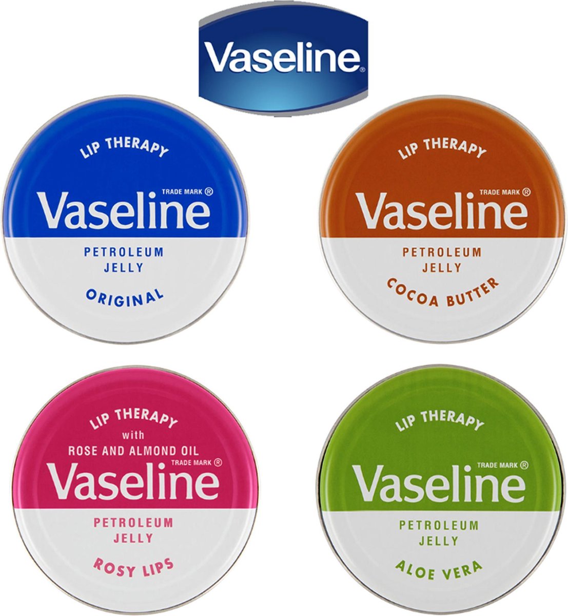 Vaseline Lip Therapy Set van 4, Rosy Lips, Aloë Vera, Cacao & Original - Maybelline