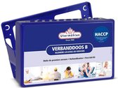 Blauwe verbanddoos B met Utermöhlen logo, HACCP keurmerk en afbeeldingen van EHBO-situaties.