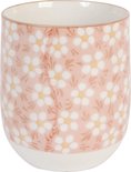Roze mok met witte bloemenprint en gele accenten.