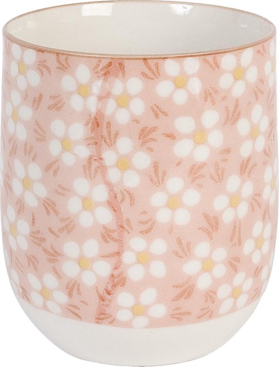 Roze mok met witte bloemenprint en gele accenten.