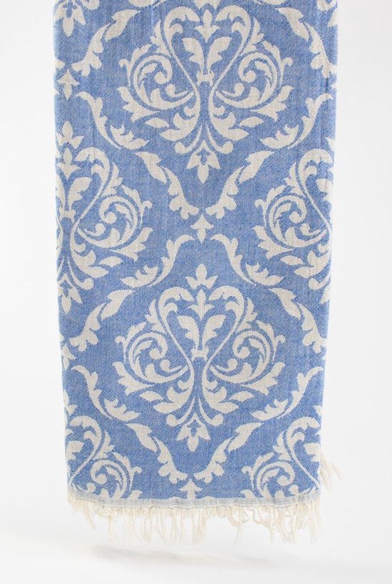 uit Turkije By Aquatolia Hamamdoek Isinda met Witte Bloemen -  100% Zacht Katoen - Strandlaken - Handdoek - Blauw - 100cm x 180cm - Originele hamamdoek uit Turkije