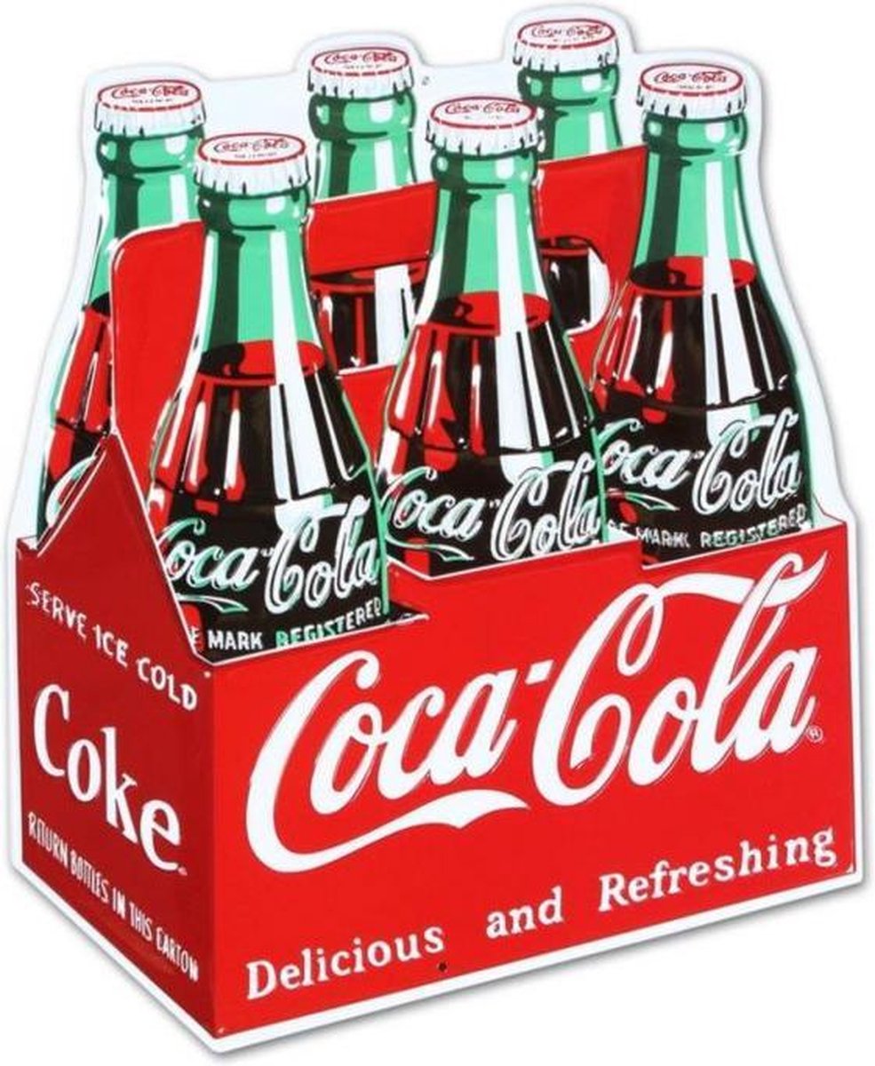 Coca-Cola 6 Pack Bottles Metalen Bord Met Relief - Ice Cold Coke - Retro 32 x 30 cm