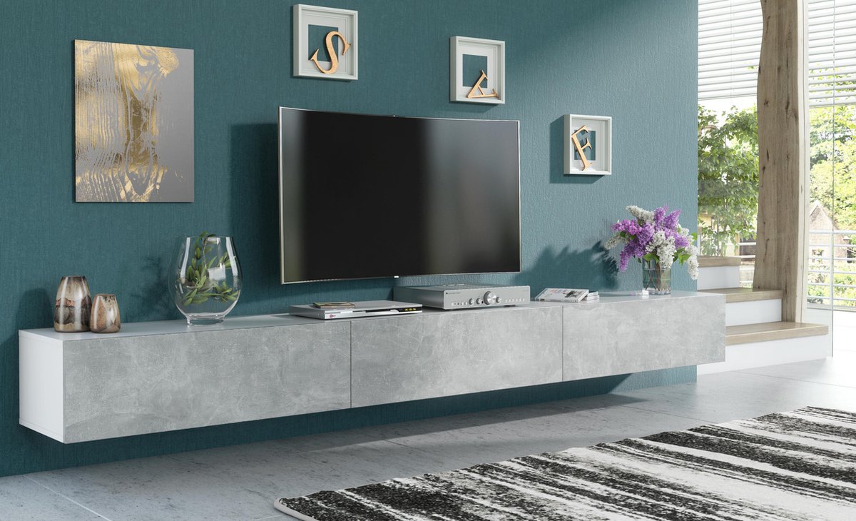 Pro-meubels - Zwevend Tv-meubel - TV kast - Tunis - Wit - Betonlook - 300cm  - 3x100cm | bol.com