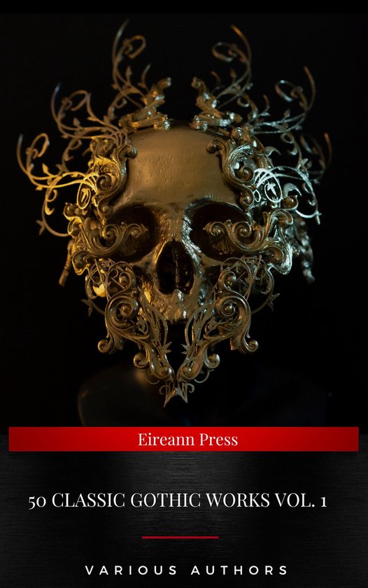 Gouden schedelmasker met sierlijke krullen en bladeren. 'Eireann Press 50 Classic Gothic Works Vol. 1'.