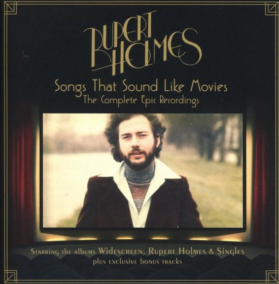 Rupert Holmes zingt 'Songs That Sound Like Movies', de complete Epic Recordings, met een portret van Rupert Holmes in een bruine blazer, witte blouse en coltrui.
