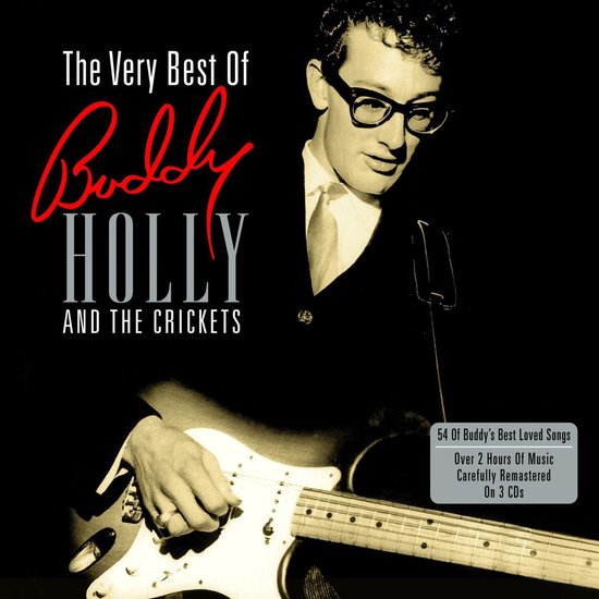 Albumhoes met Buddy Holly die gitaar speelt. Tekst: The Very Best Of Buddy Holly And The Crickets.