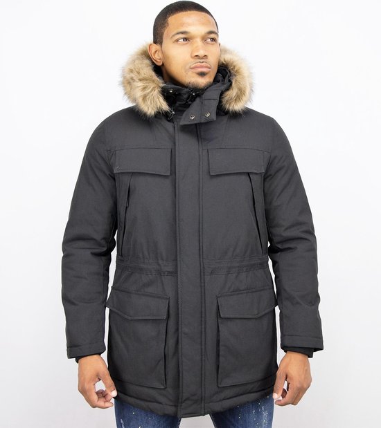 | Enos Lange Heren Parka Jas – Met bontkraag Zwart Heren Parka Winterjas | Gewatteerde Lange Jas