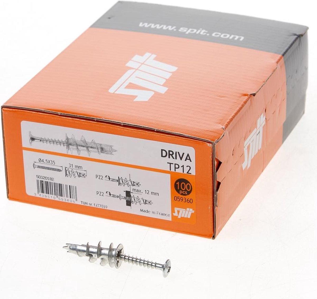 Spit Driva TP12 Gipsplaatplug incl. schroef - PZ2 - 31x14mm (100st) - Spit