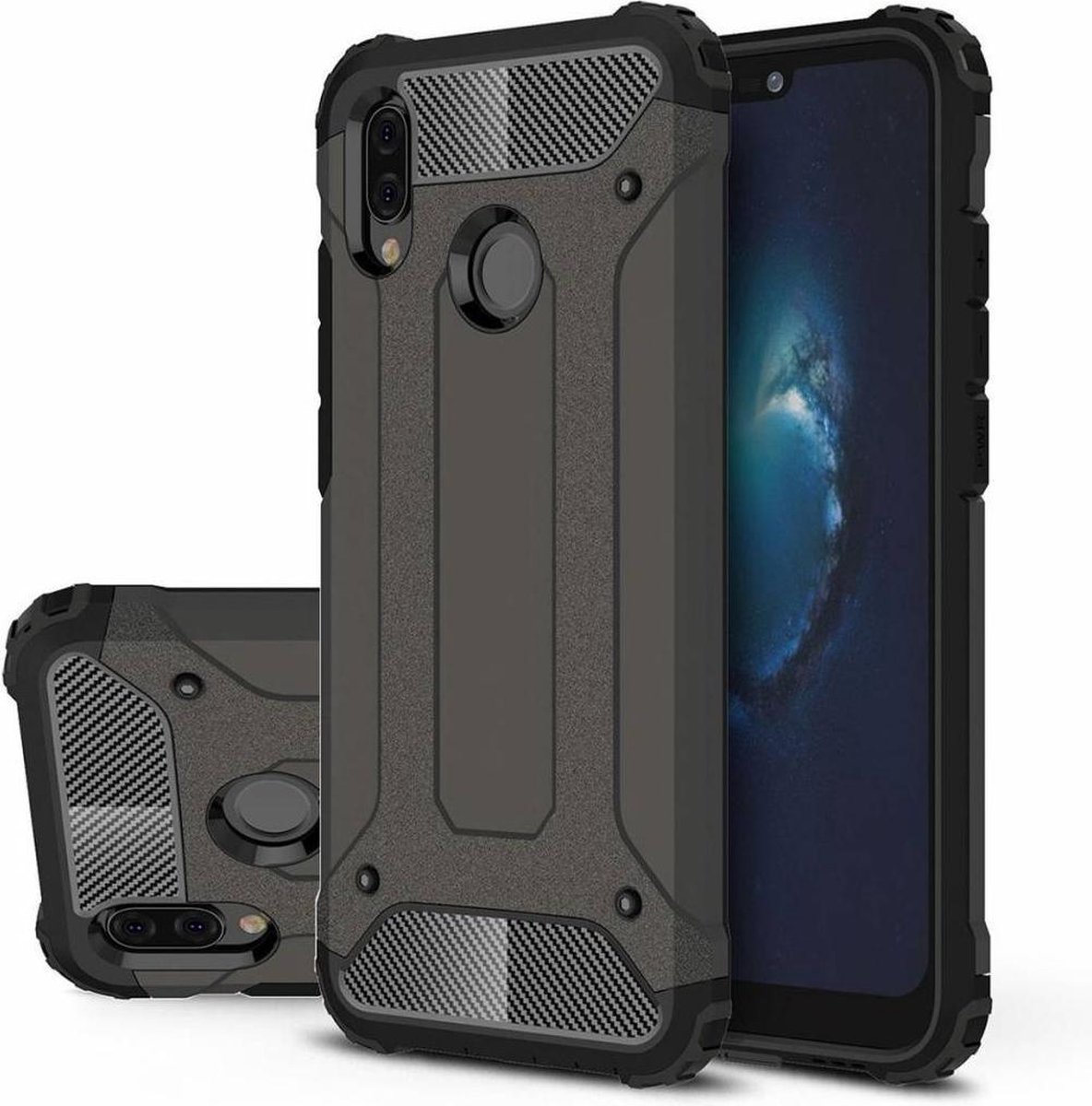 Huawei P20 Lite (2018) Dual Layer Hybrid Armor Hoesje - Zwart - van Bixb