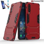 Huawei P30 Kickstand Shockproof Rood Cover Case Hoesje - 1 x Tempered Glass Screenprotector A3TBL