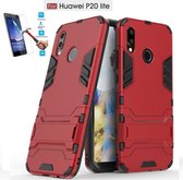 Huawei P20 Lite Kickstand Shockproof Rood Cover Case Hoesje - 1 x Tempered Glass Screenprotector A3TBL