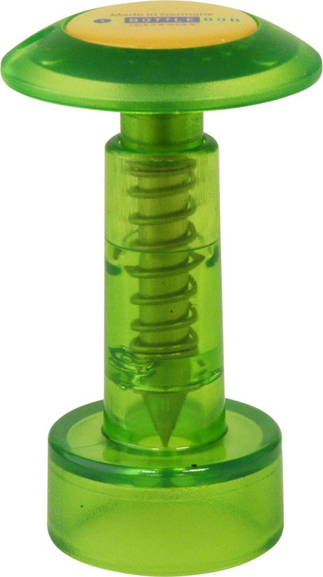 Groene kunststof kroonkurkperforator met gele dop met tekst 'BOTTLE BOB'.
