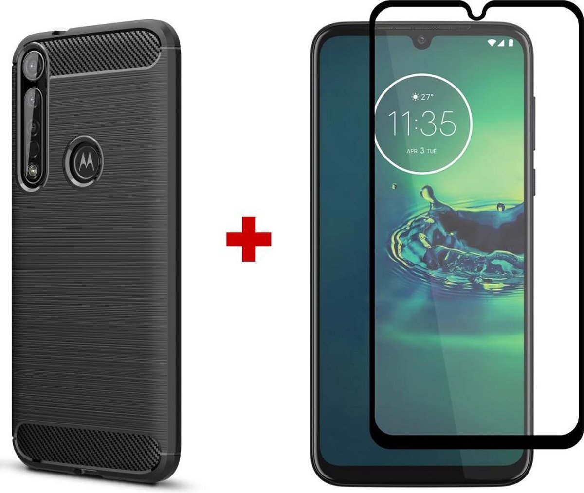 Silicone gel zwart hoesje Motorola Moto G8 Plus met full cover glas screenprotector