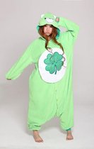 KIMU Onesie Troetelbeer groen - maat 110-116 - Troetelbeertje pak kostuum Good Luck klavertje vier kind berenpak beer pyjama