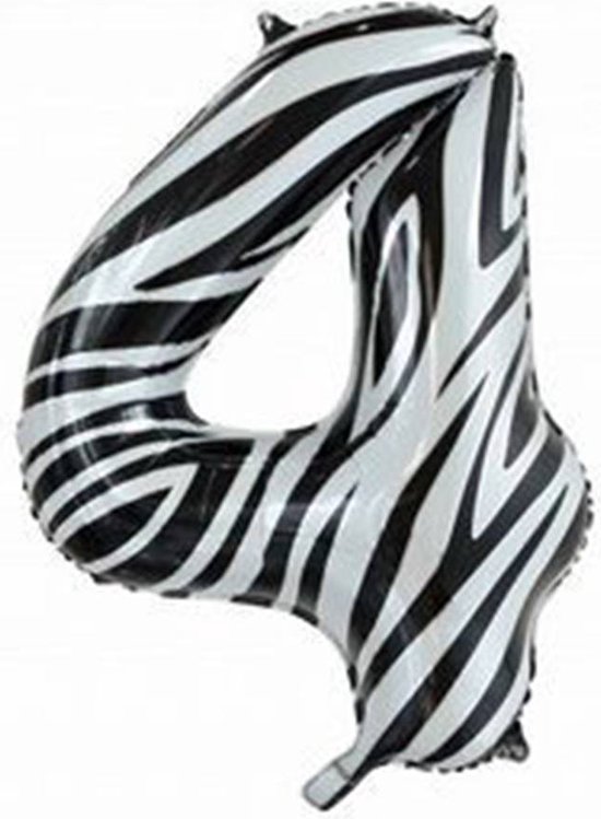 Wefiesta Folieballon Cijfer 4 Zebra 86 Cm Zwart/wit