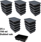 Vershoudbakjes - Vershouddoos - Meal Prep Bakjes Met Deksel - 2 vak - Magnetron bak - 700ml inhoud - Zwart - 25 Stuk.