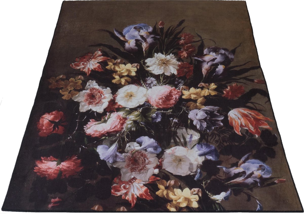 Veer Carpets Vloerkleed Ramos 80 x 150 cm - Laagpolig Synthetisch Vloerkleed – Botanisch / Bloemen Design Zwart