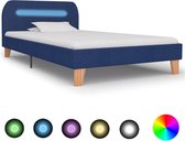 Bedframe Blauw 90x200 cm Stof met LED (Incl LW Led klok) - Bed frame met lattenbodem - Tweepersoonsbed Eenpersoonsbed