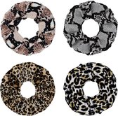Jumalu scrunchie velvet haarwokkel haarelastiekjes - snake pink, snake grijs, tijgerprint en leopard - 4 stuks