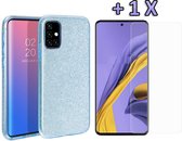 Samsung Galaxy A51 Hoesje - Siliconen Glitter Back Cover & Tempered Glass - Blauw