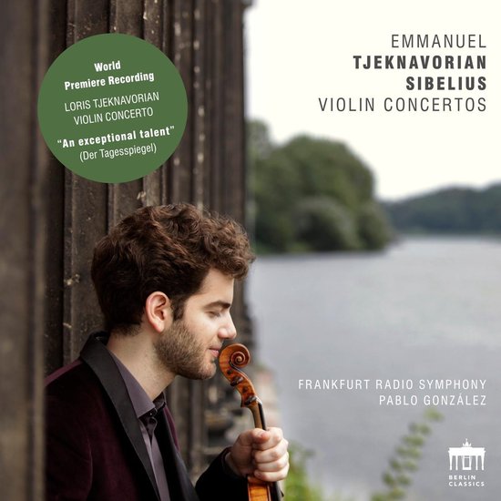 Emmanuel Tjeknavorian met een viool op de voorkant van een CD-hoes. De titel is 'Emmanuel Tjeknavorian Sibelius Violin Concertos'.