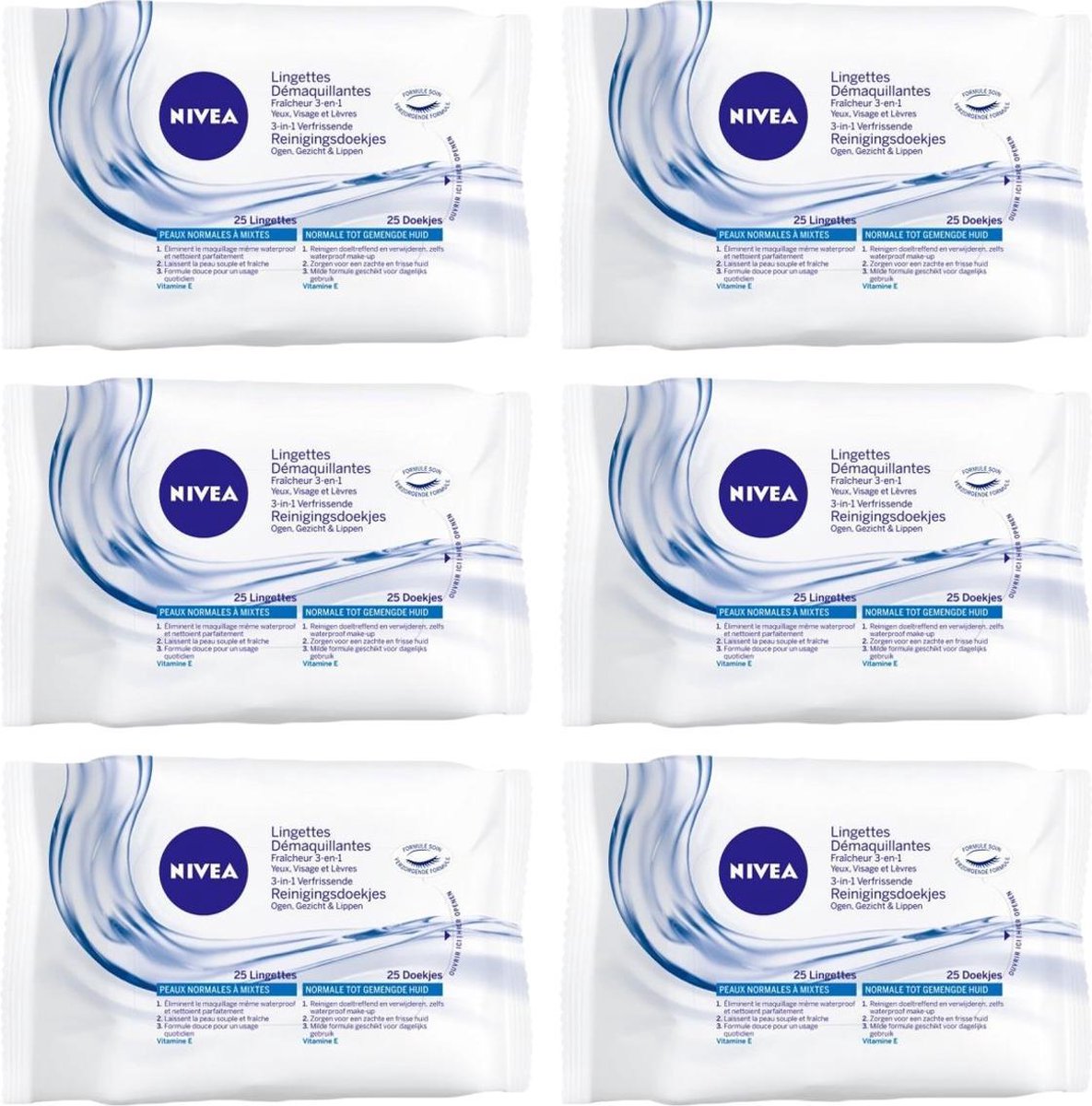 Nivea 3in1 Reinigingsdoekjes Verfrissend Normale Gemengde Huid - 6 x 25 stuks - voordeelverpakking