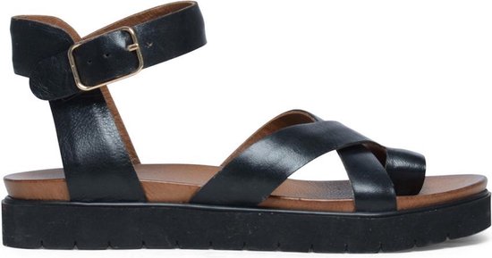 Manfield - Dames - Leren plateau sandalen met gespsluiting zwart - Maat 38  | bol.com