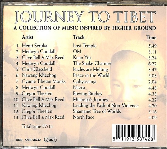 Cd-hoes 'Journey to Tibet', met tracklijst en artiesten.