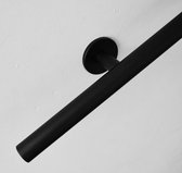 Zwarte trapleuning gepoedercoat zwart RAL 9005 rond 28 mm inclusief twee vlakke ophangsteunen, 100 cm