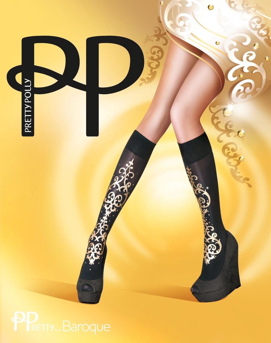 Pretty Polly Kniekousje - Fashion - Baroque Embellished - One Size - 36/40 - Zwart/Goud