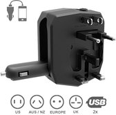 FettleLife Universele Wereldstekker - 12V Auto Adapter en 2 USB Poorten – Reisstekker Zwart