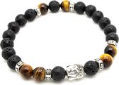 Armband - enkel snoer - zwart lavasteen en bruin tijgeroog kralen en zilverkleurige (Boeddha) bedels - 19-21 cm - elastisch - heren - unisex - model T - Cadeau