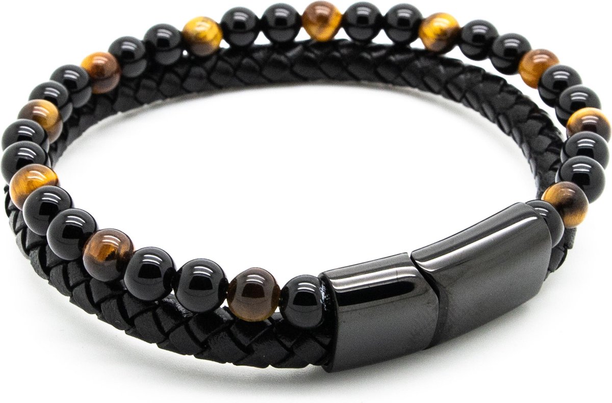 Armband heren – dubbel snoer – zwart gevlochten leer rond - zwart en bruin tijgeroog glimmend natuursteen - kralen - -zwart RVS sluiting - magnetisch – 22 cm - model O - Cadeau - Sorprese