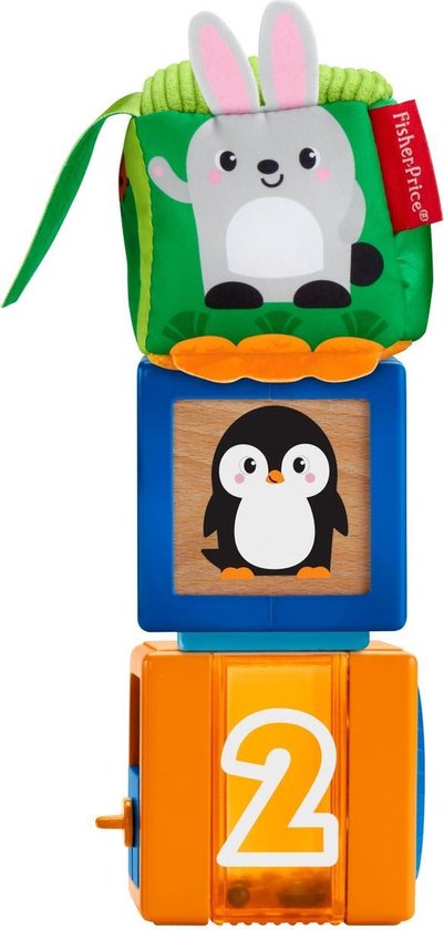Gestapelde Fisher-Price blokken: zacht konijnenblok, pinguïn blok, en oranje blok met cijfer 2.