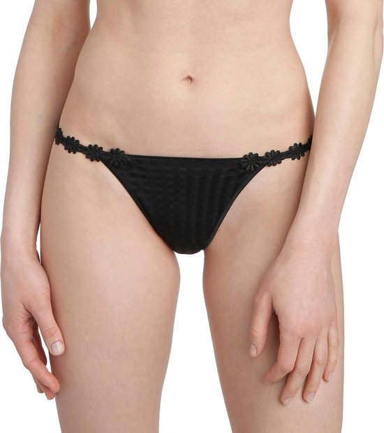 Zwarte string met een geblokt patroon en bloemenbandje