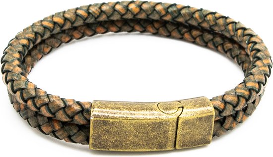 Graveerbare leren mannen armband bruin goudkleurig