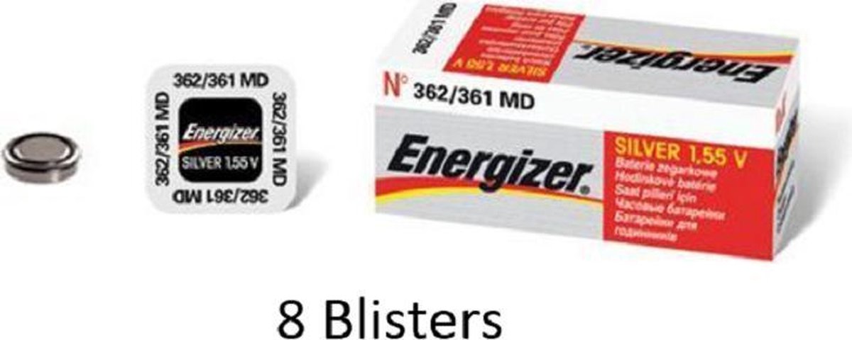 8 stuks (8 blisters a 1 stuk) Energizer 362 / 361 Horloge batterij Zilver Oxide SR721SW