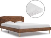 Bed met Matras Bruin 140x200 cm Kunst Suede Leer (Incl LW Led klok) - Bed frame met lattenbodem - Tweepersoonsbed Eenpersoonsbed