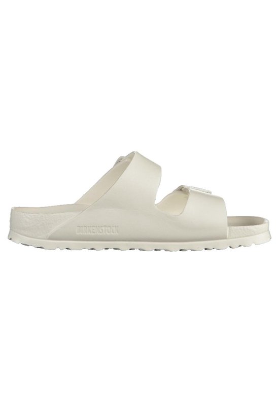 Witte Birkenstock Arizona EVA slipper met twee bandjes, een gesp en gegraveerd logo op de zool.
