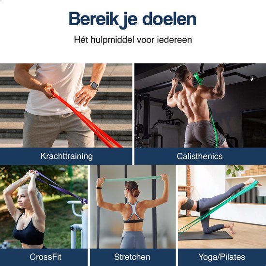 Collage van vijf beelden: krachttraining, calisthenics, CrossFit, stretchen en yoga/pilates met Hulser weerstandsbanden.