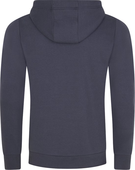 Achterkant van een donkerblauwe hoodie met capuchon en lange mouwen.