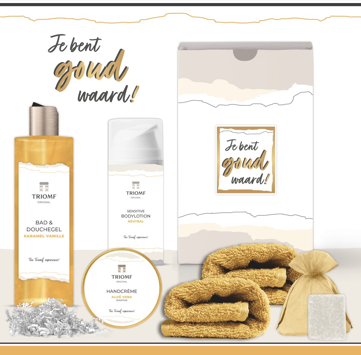 Goedkoopste Geschenkset “Je bent goud waard!” - 6 producten - 600 gram - Giftset voor haar - Luxe wellness cadeaubox - Cadeau vrouw - Set Valentijn - Geschenk Verjaardag - Moederdag - Cadeaupakket Kerst - Kerstpakket - Bedankt Gift - Vriendin Collega Moeder Geel