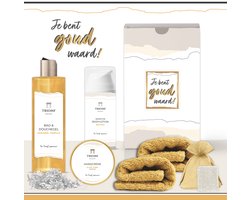 Geschenkset “Je bent goud waard!”- 6 producten - 600 gram - Triomf Original - Giftset voor haar Cadeautje Vrouw Valentijn Cadeaupakketje Geschenk Collega Vrijwiliger Zorg Zorgwerk Cadeau Bedankt Pakket Kerst Kerstpakket Moeder Moederdag Gift Set Geel