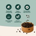 5 iconen die 5 voordelen tonen: gezonde ontlasting, hypoallergeen, natuurlijke ingrediënten, glanzende vacht, tarwe (gluten) vrij.