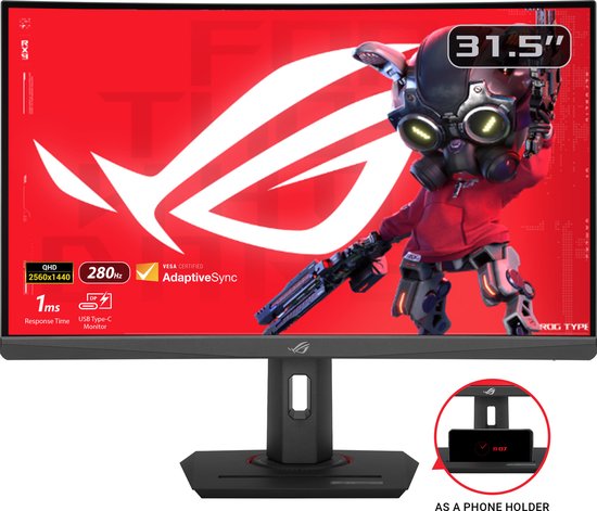 ASUS ROG Strix XG32WCMS USB Type-C Gaming Monitor - QHD VA Curved - 280Hz - 1ms - FreeSync Premium - USB-C - 31.5 Inch