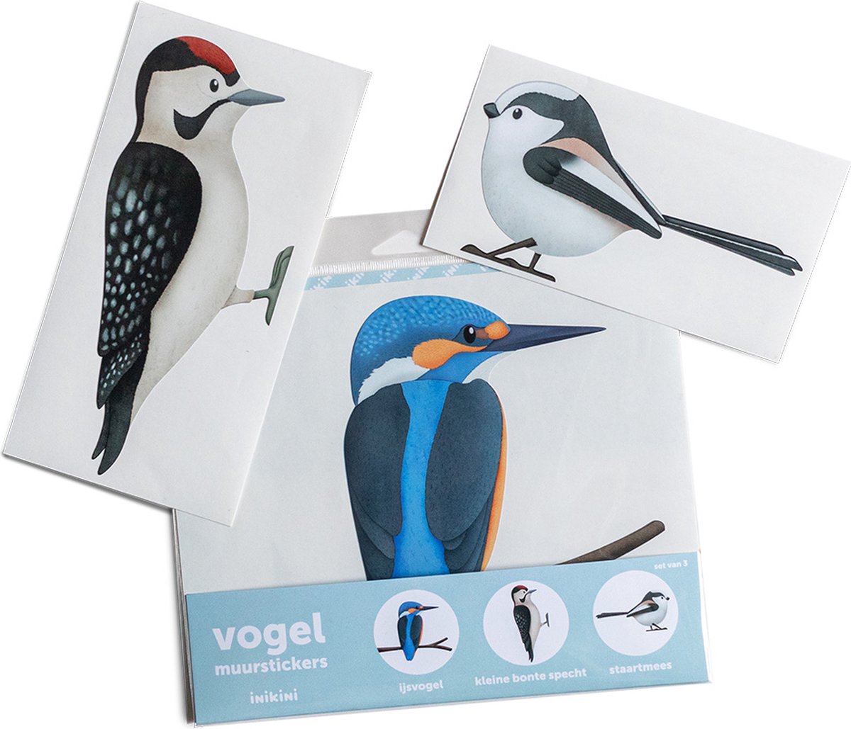 Inikini Muursticker Vogels (3 Stuks) – Natuurlijke Vogel Illustraties – Minimalistische Wanddecoratie voor Babykamer